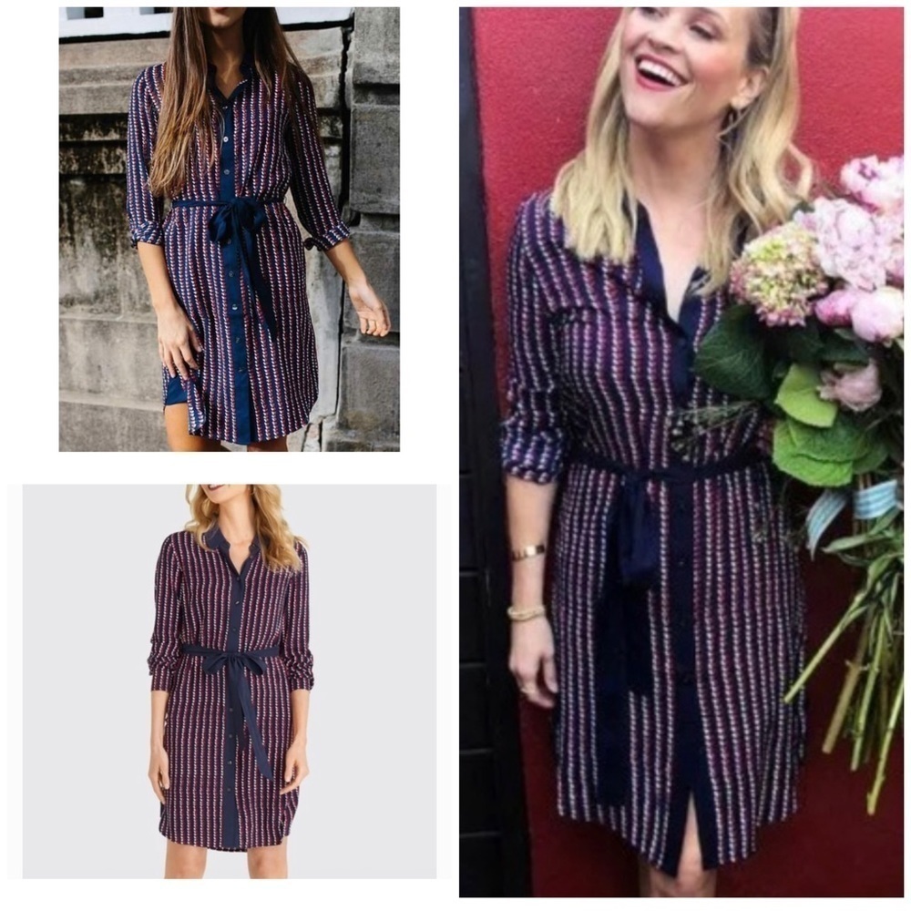 Reese Witherspoon Draper James Heart Field Printed Belted Shirt Dress Shirtdress